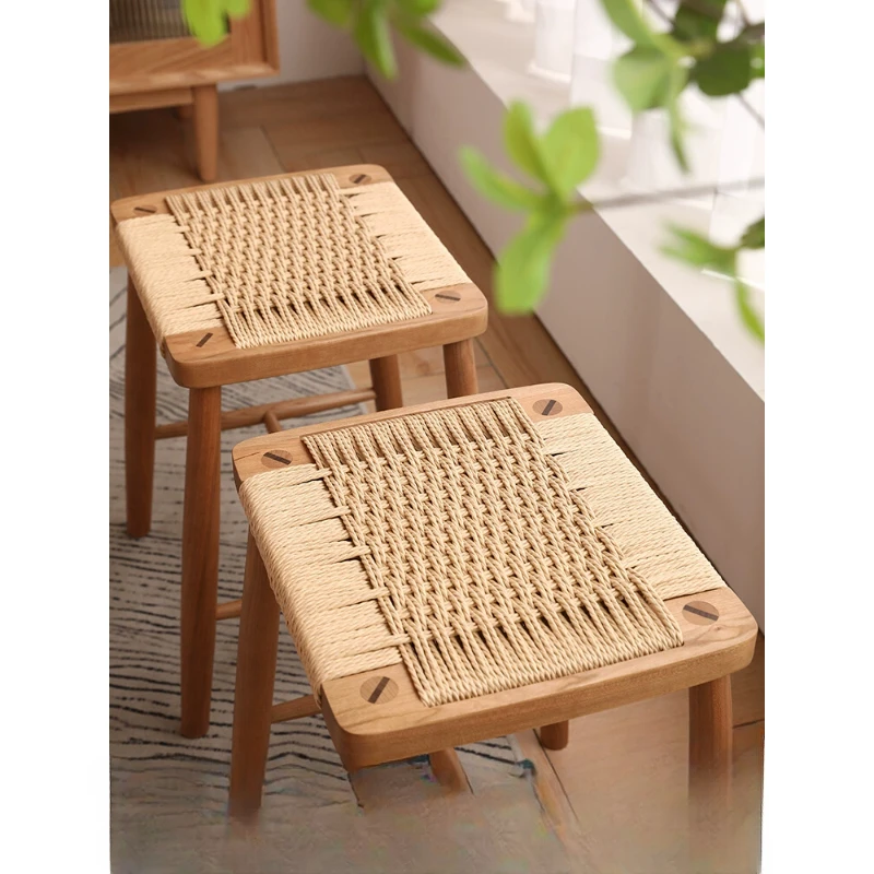 

Solid wood square stool home bar stool dressing stool cherry wood dinner stool walnut simple net celebrity woven rattan stool