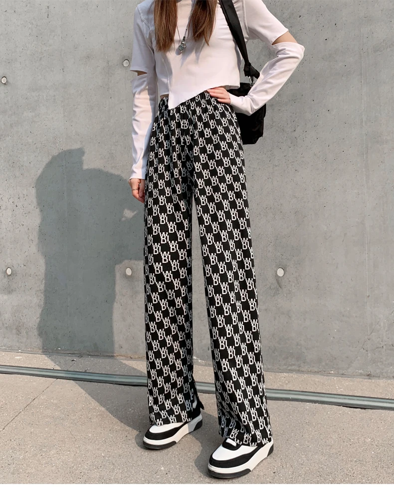 elastic knitted Pants Fashion Women Casual Loose Wide Leg Trousers Retro Straight Trousers Hip-hop Unisex Streetwear capri pants