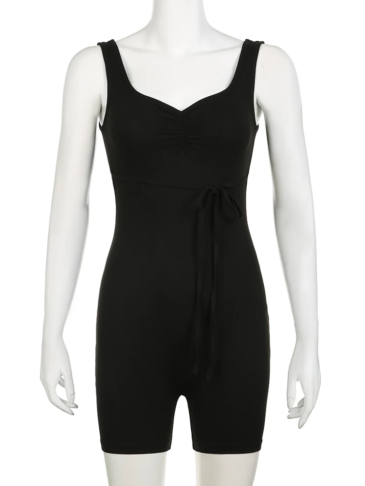 IAMSURE sexy slim backless drawstring Playsuits basic v-neck sleeveless Rompers women 2024 summer fashion streetwear
