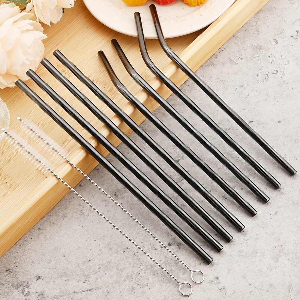 Elegant Black Reusable Stainless Steel Straw Set - 5 Piece Home Bar Accessory with Cleaning Brush and Carry Bag