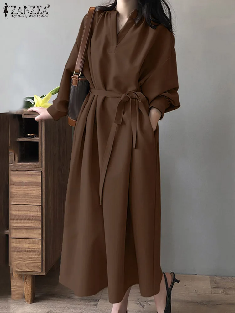 

ZANZEA 2024 Spring Long Sleeve Belted Robes Women Shirt Dress Vintage Solid V-neck Long Vestidos Office Lady Pocket Midi Dresses