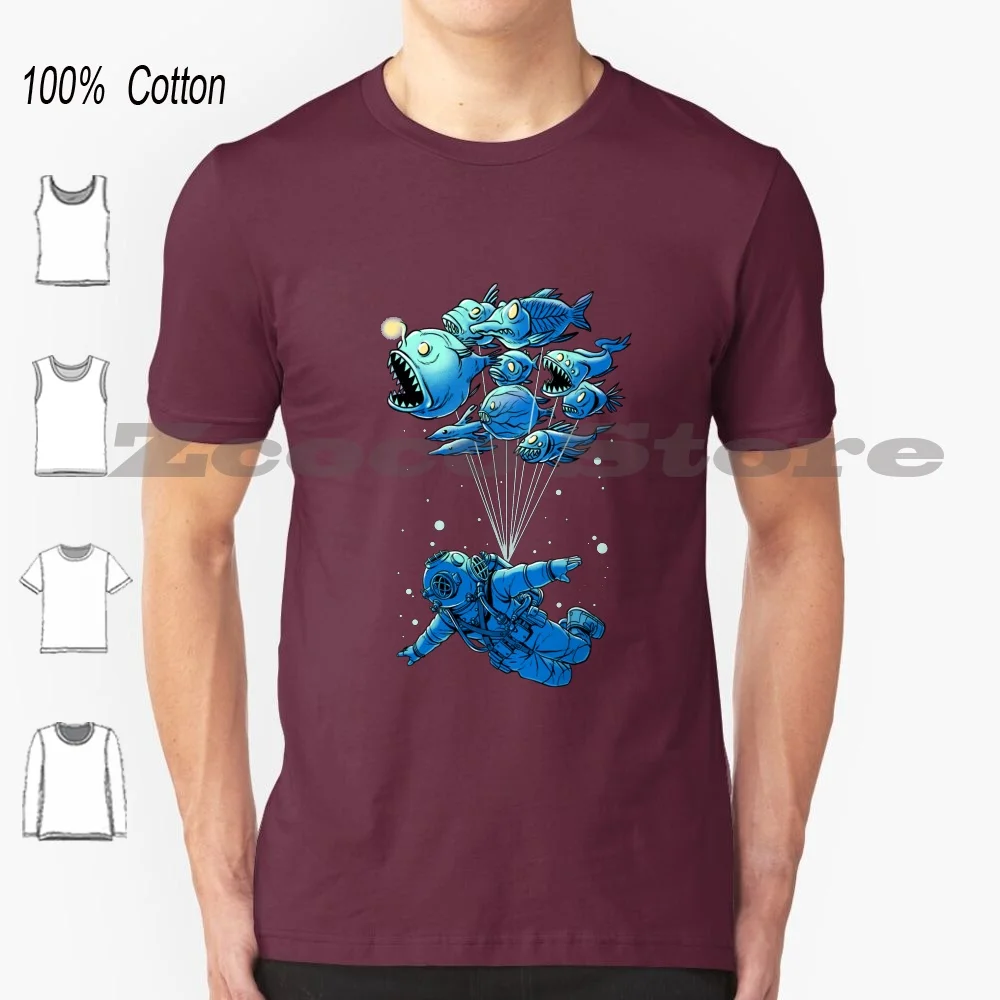 Maglietta Da Viaggio Per Acque Profonde 100% Cotone Confortevole Di Alta Qualità Deep Sea Travel Diver Fish Sea Creature Deep Sea Diver Piranha