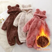 Thick Warm Baby Rompers Cute Winter Infant Jumpsuits Hooded Coral Fleece Bear Shape Newborn Soft Pajamas Overalls Clothing 1