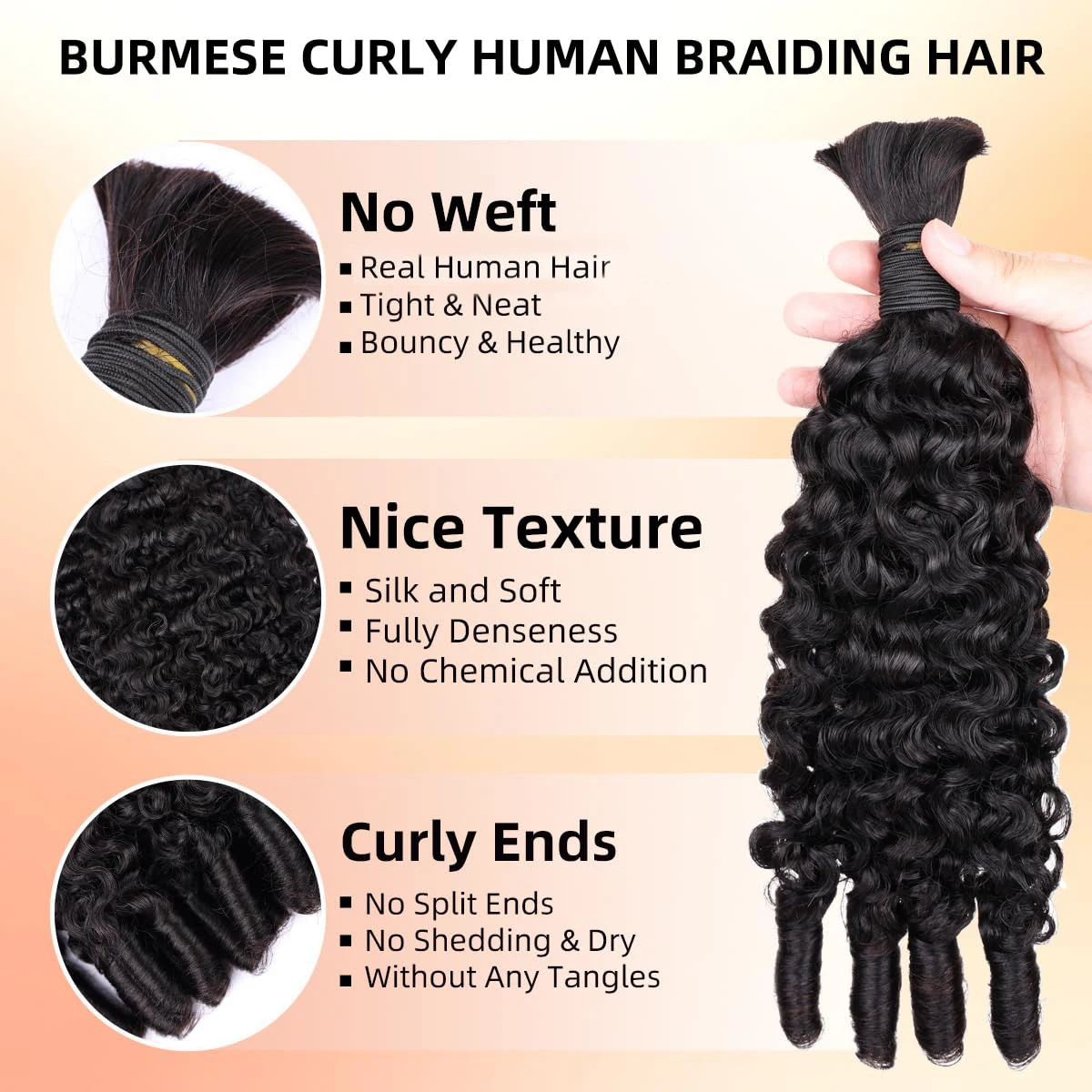 Burmese Curly Human Braiding Hair for Boho Braids 120g/2 Bundles Deep Wave Bulk Human Hair Unprocessed Burmese Curly Spiral Curly Ends Bulk 2