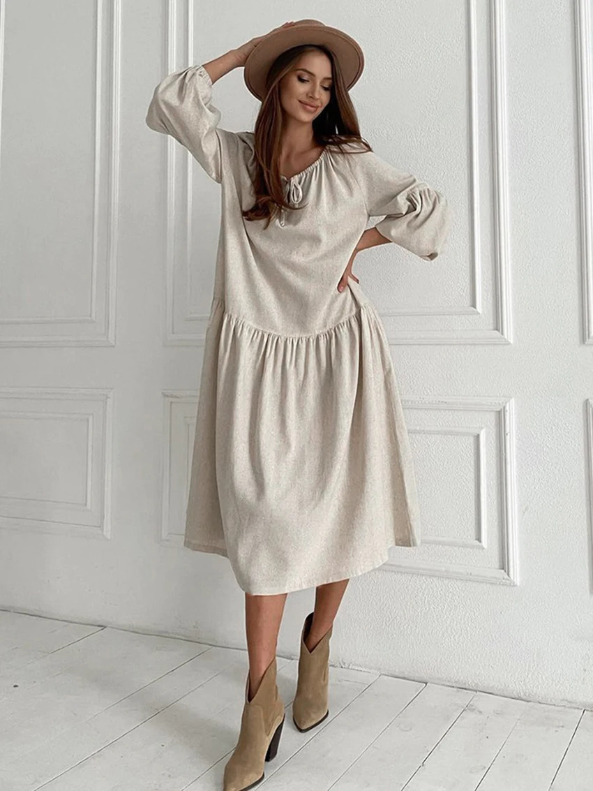 

Marthaqiqi Autumn Loose Women'S Home Clothes O-Neck Sleepwear Long Sleeve Nightgowns Mid-Calf Dress Casual Ladies Nightwear