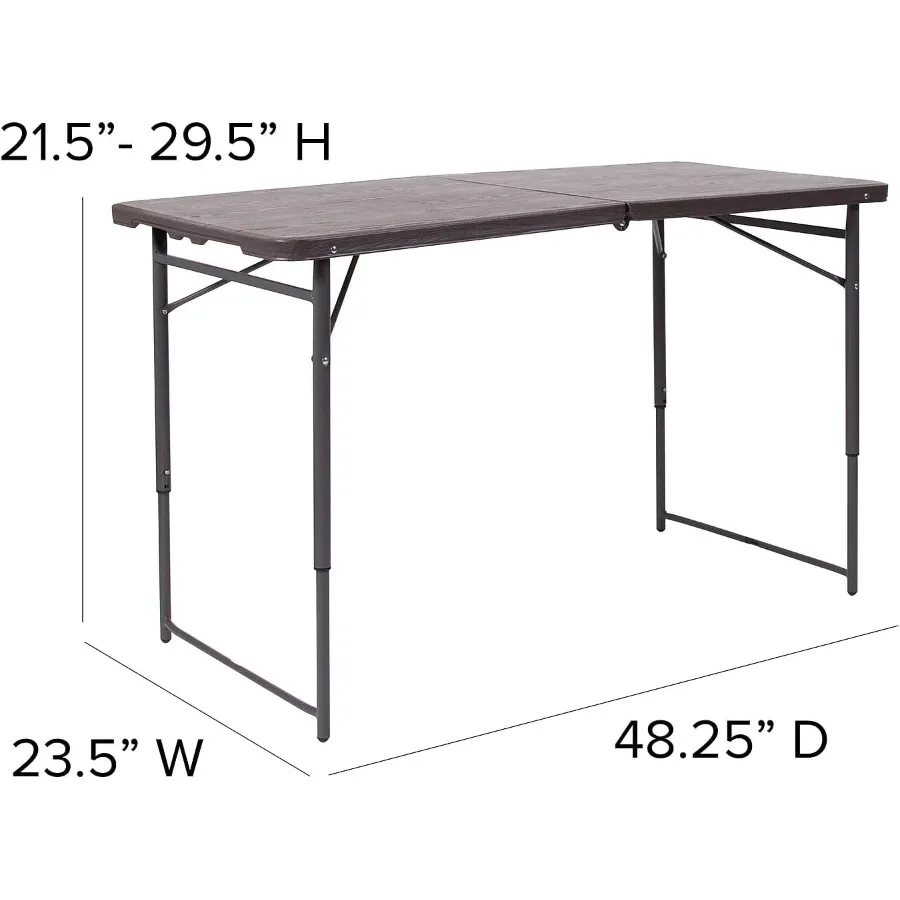 Mills 4Foot Height Adjustable BiFold Brown Wood Grain Plastic Folding Table with Carrying Handle