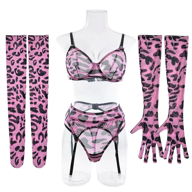 Pink Leopard Print Lingerie Set with Gloves and Stockings 3