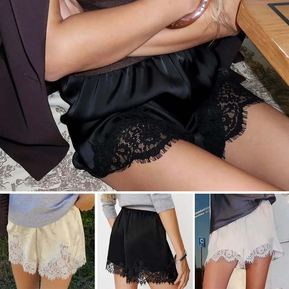 Vintage Satin-Seide Spitzen-Patchwork-Shorts Spitzen-Y2k-Schlafshorts Weiche Seidige Damen-Shorts Streetwear