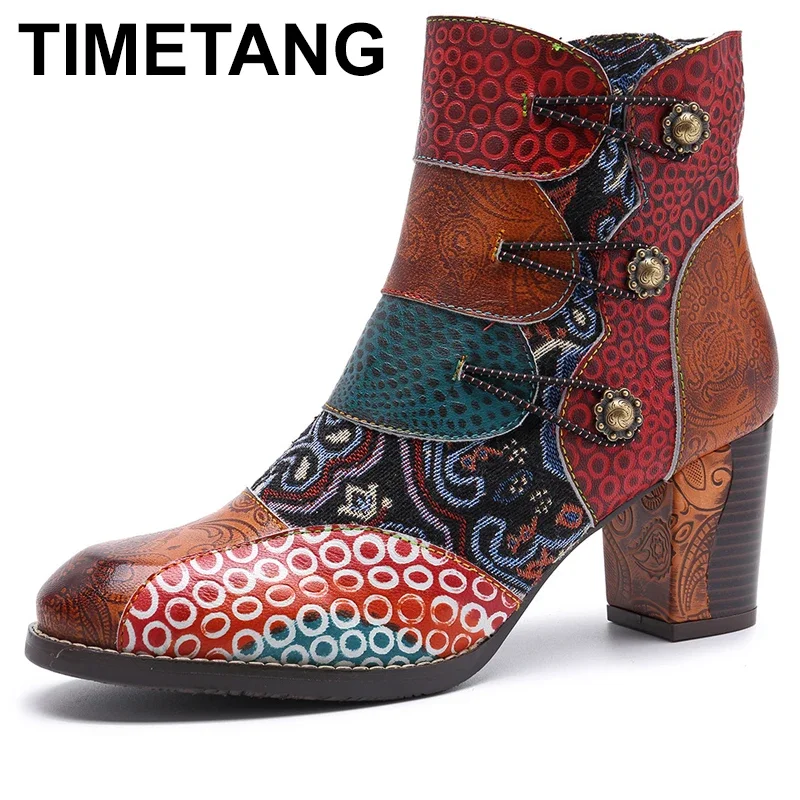 

6cm New In Women's Boots Cloth Genuine Leather Luxury Elegance Plus Size Autumn Spring Ankle Chunky Heels Ladies Shoes