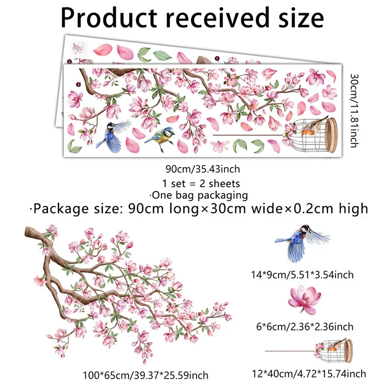 Cherry Blossom Wall Sticker Home Decor Living Room Spring Girls Bedroom Bird Flower Decal Pink Children's Room Wallpaper Muraux