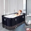 Portable Foldable Bathtub with Water Cushion and Backrest Dark Blue Adult Bath Tub 1