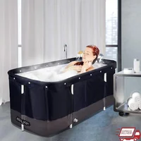 Portable Foldable Bathtub with Water Cushion and Backrest Dark Blue Adult Bath Tub 1