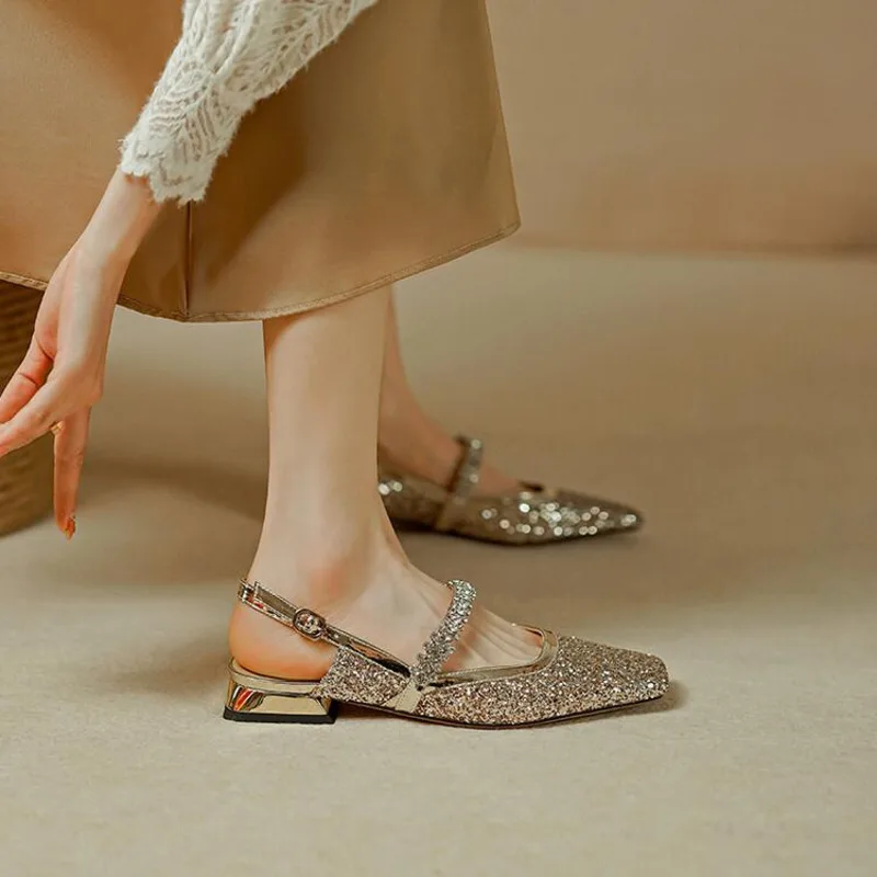 

French rhinestone sequin square toe crystal shoes 2024 new summer bun simple thick heel fairy with skirt and single shoes