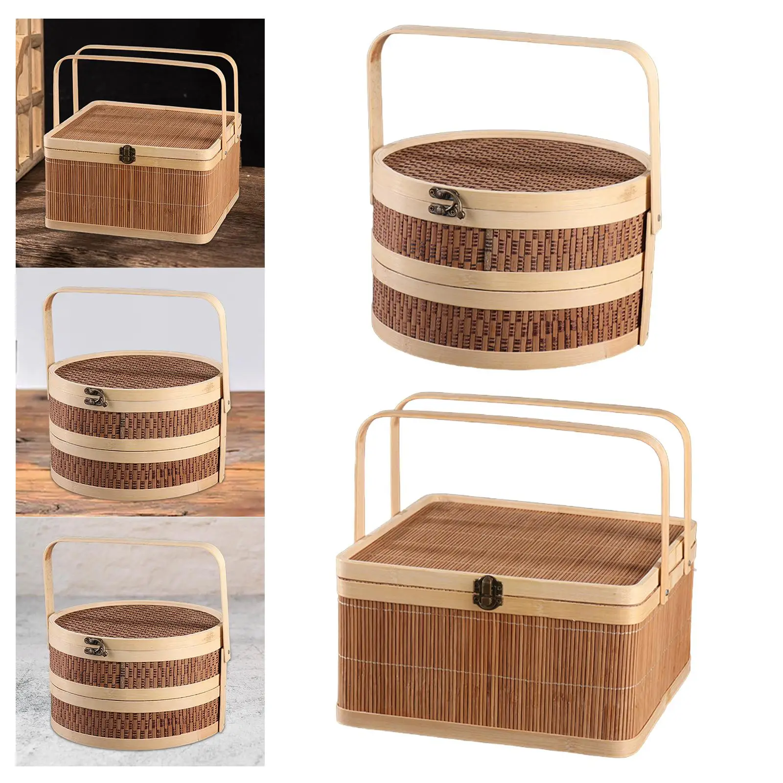 Bamboo Basket Serving Bread with Top Handle Cake Snacks Mooncake Gift Packing Basket Portable Organizer Food Bamboo Woven Basket