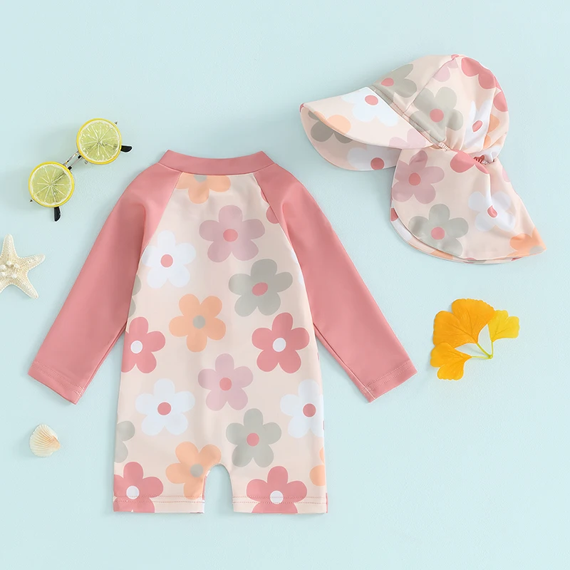 Infant Baby Boy Girls Rash Guard Swimwear Toddler Cartoon Floral Print Zipper Long Sleeve Swimsuits Sun Hat 2Pcs Bathing Suits