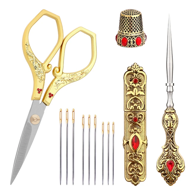 SHWAKK Vintage Tailor Scissors Kit With Thimble and 9pcs Needles Thread Sewing  Scissors For Fabric Cutting