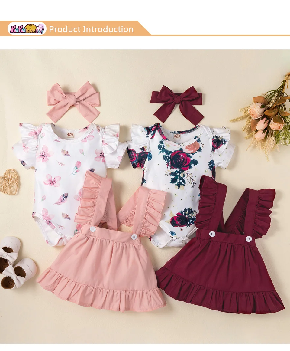 3PCS Summer Infant Baby Girl Clothes Set Cute Floral Print Flying Sleeve Romper Ruffles Suspender Skirt Headband Newborn Outfits Baby Clothing Set for boy