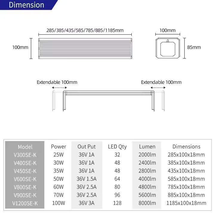 Lámpara LED para Acuario WEEK AQUA Serie V, Control por Botones, Espectro Completo, Soporte de Montaje para Acuarios Plantados de 30-140cm