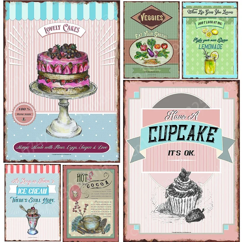 

Kitchen Food and Drink Metal Tin Signs Dessert Cakery Shop Menu Poster Cafe Western Restaurant Wall Decor Plaques Vintage Mural