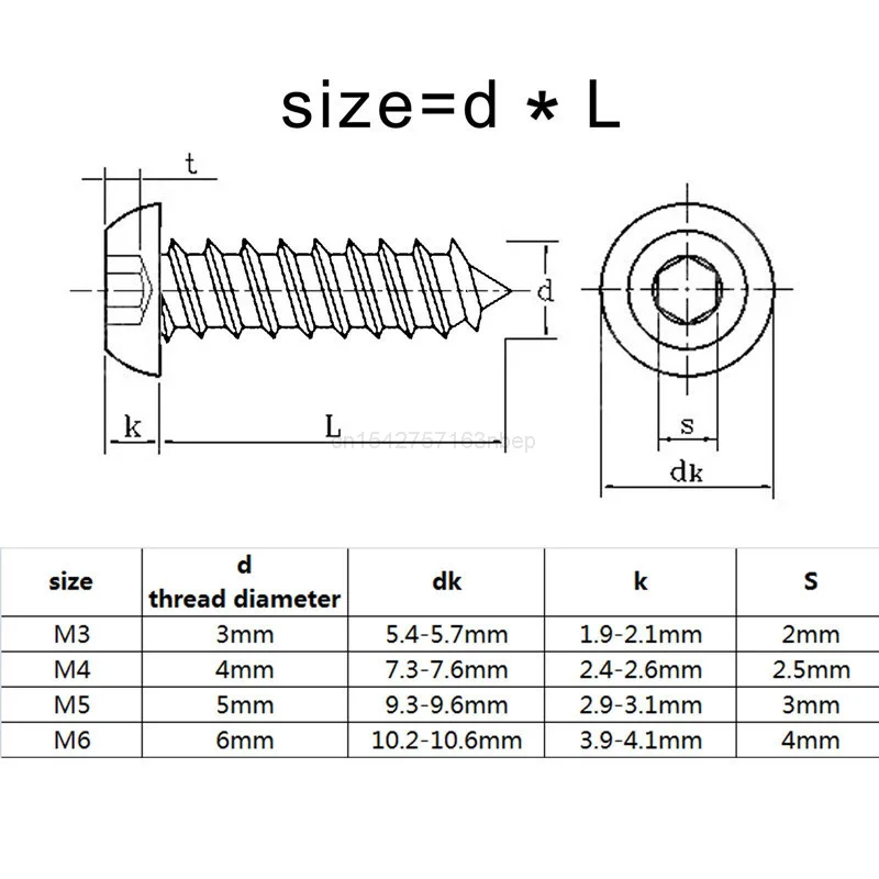 10/50pcs M3 M4 M5 M6 A2-70 304 Stainless Steel Allen Hexagon Hex Socket Button Round Head Self Tapping Wood Screw Length=6-50mm