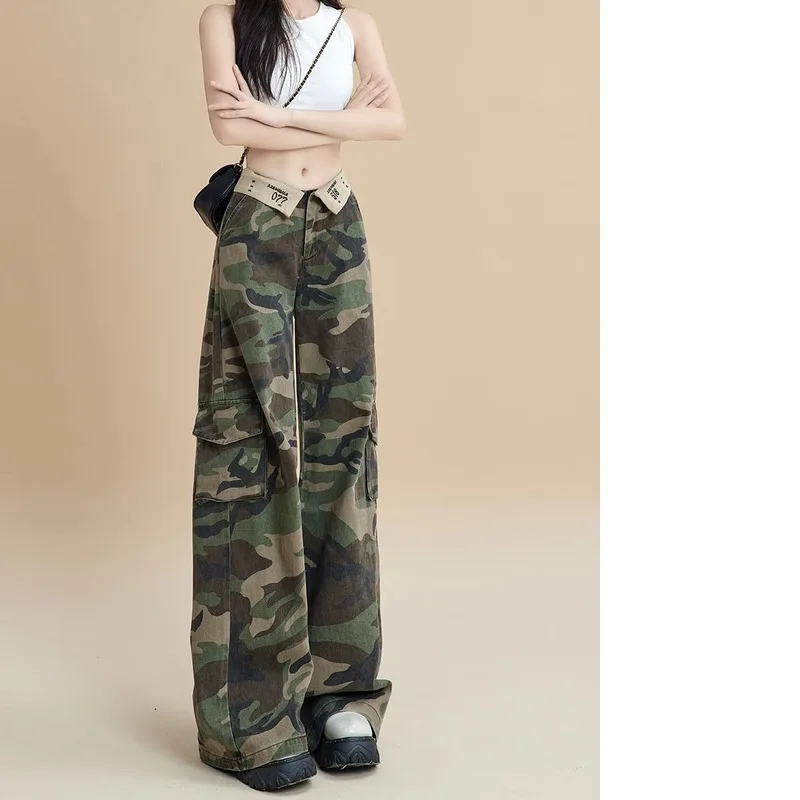 Denim Planet Camouflage Workwear Women's Summer New 2024 Loose And Slimming Spicy Girl High Waisted Flanged Straight Leg Mop