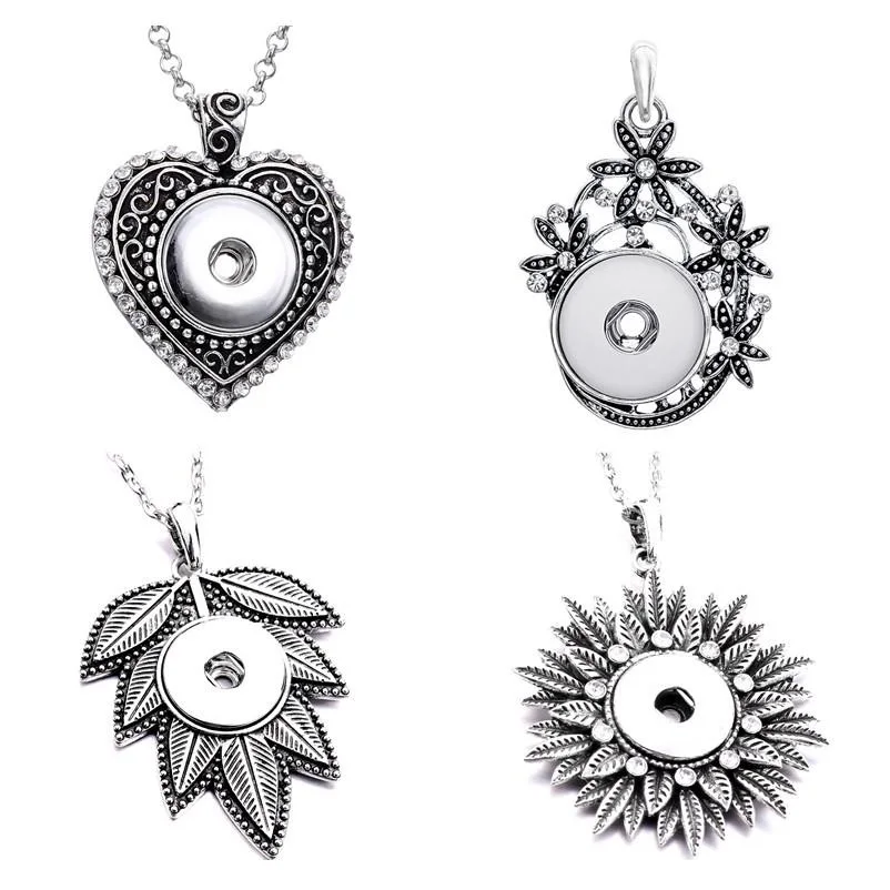 10pcs Retro Heart Leaf Snap Button Necklace Jewelry Vintage Metal Flower  Love 18mm 20mm Snap Button Pendant Necklace