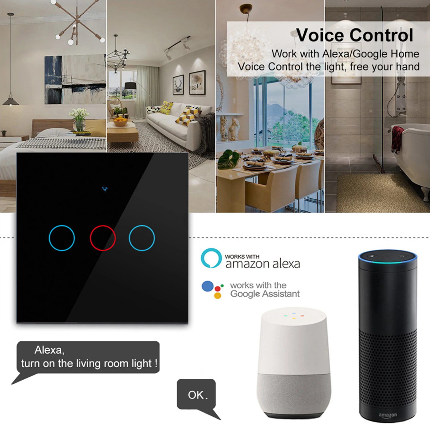 Smart Switch Smart Switch Module Work With Tuya WiFi Smart Switch Works With Alexa With/Without Neutral Wire Wireless RF433 Wall Touch Sensor Switch