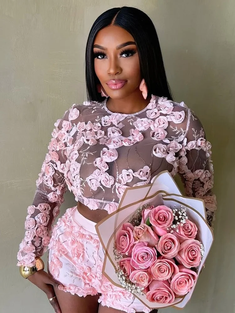 Wmstar Set Women Wholesale A Two Piece Embroidered Net Set of Round Neck Long Sleeved Top Paired with Sexy Shorts Summer 2025