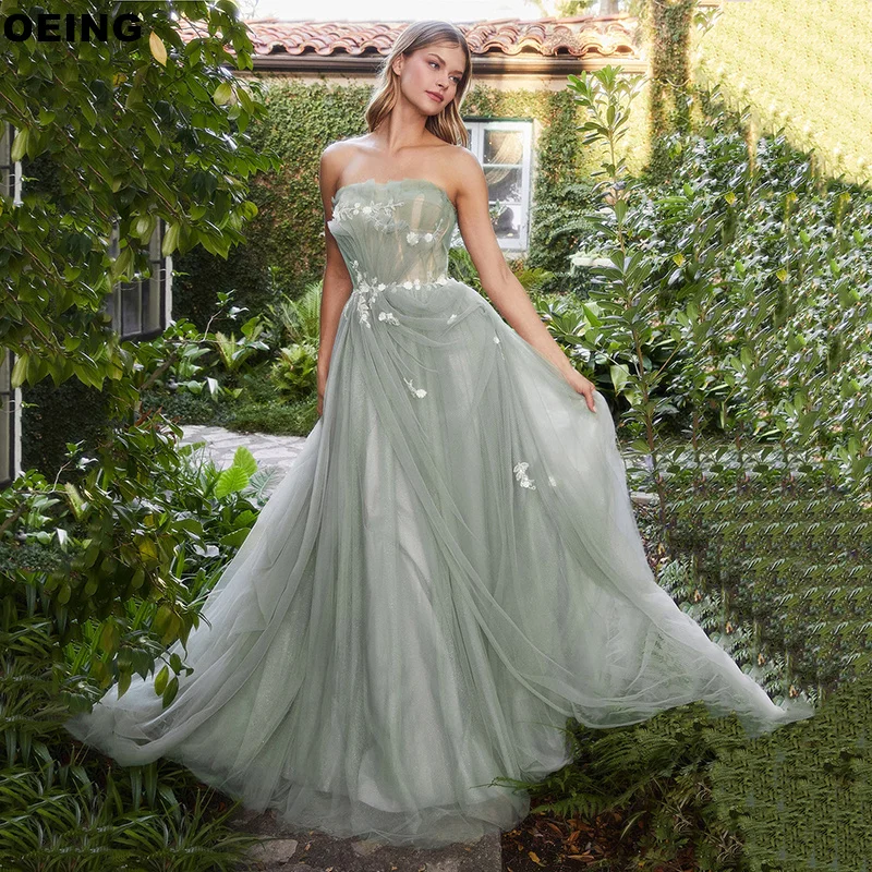 

OEING A-Line Tulle Evening Dresses Elegant Appliques Strapless Party Dress Special Occasion Beading Gowns Vestidos De Noche