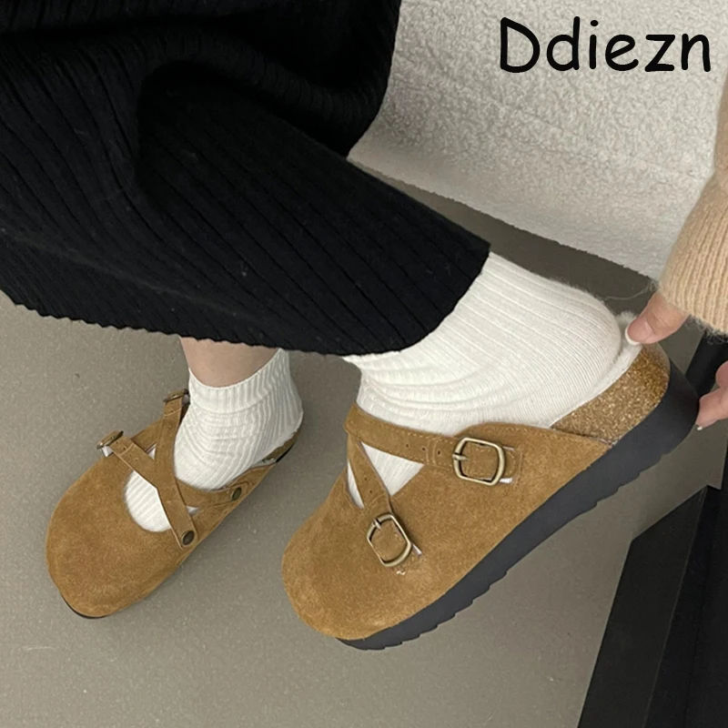 

Warm Women Slippers Shoes Round Toe Slides Spring Cross Buckle Ladies Footwear New In Fashion Outdoor Furry Female Shoes