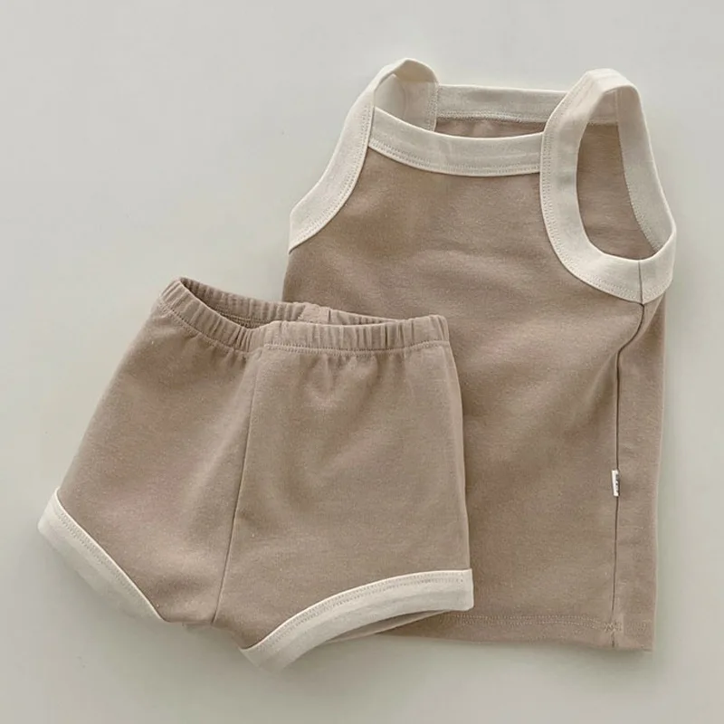 

2PCS Baby Set Korean Summer Little Boys Girls Suit Baby Set Baby Cotton Suspender Cool Tank Top Bag Fart Pants kids home clothes
