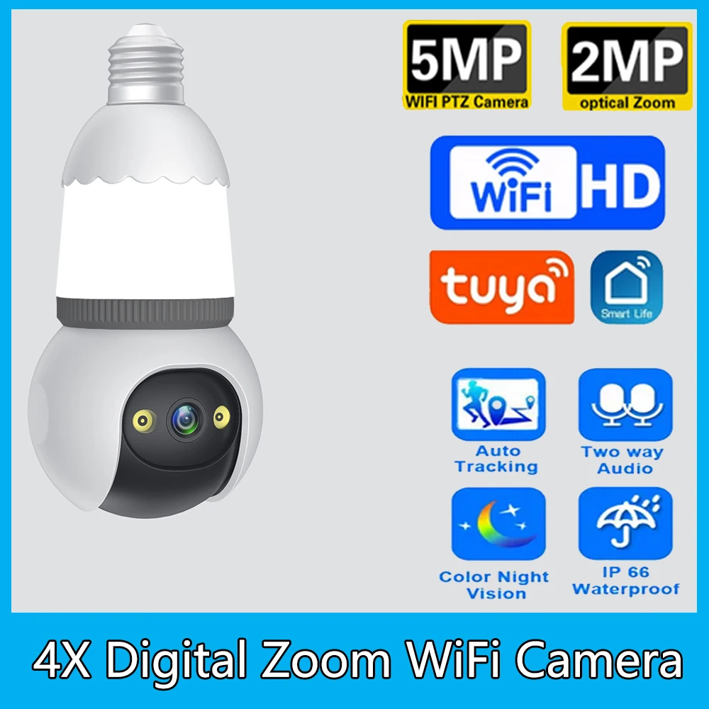 Tuya App Wifi 5Mp E27 Lampadina Fotocamera Color Night Vision Lighting Camera Smart Home Cctv Home Security 1080P Pet Monitor