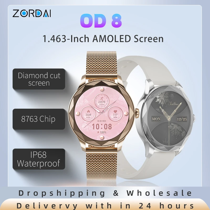 2024 Zordai Od8 Diamond Smart Watch Amoled Screen Blood Pressure Sport Waterproof Island Voice Calling Smartwatch Per Donna Lady