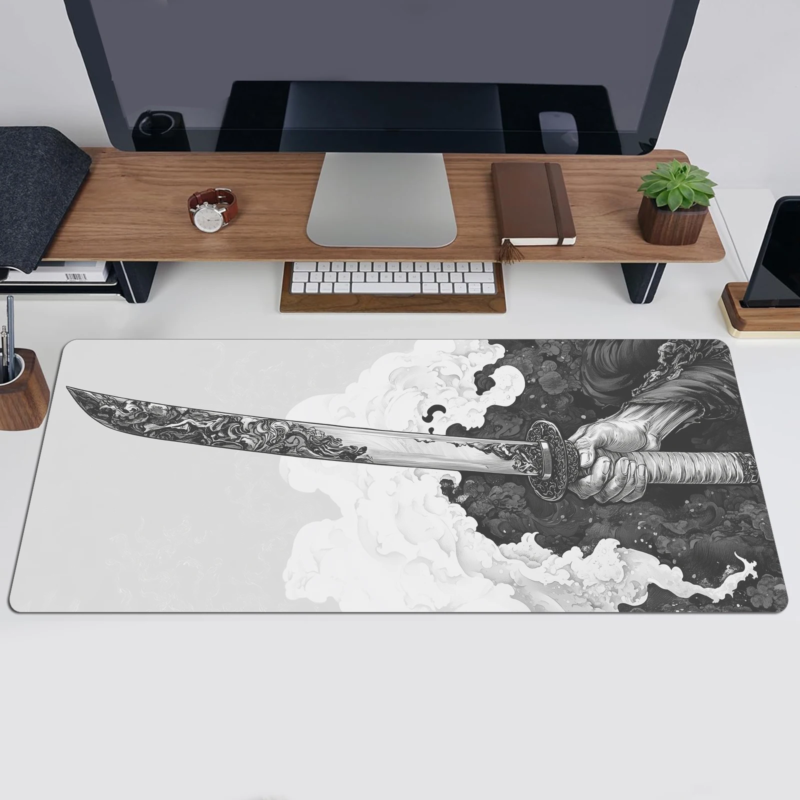 Black And White Comic Wind Sword Model Keyboard Mouse Pad Desk Mat, 3D Gaming Mouse Pad with Non-Slip Rubber Base Stitched Edges 2