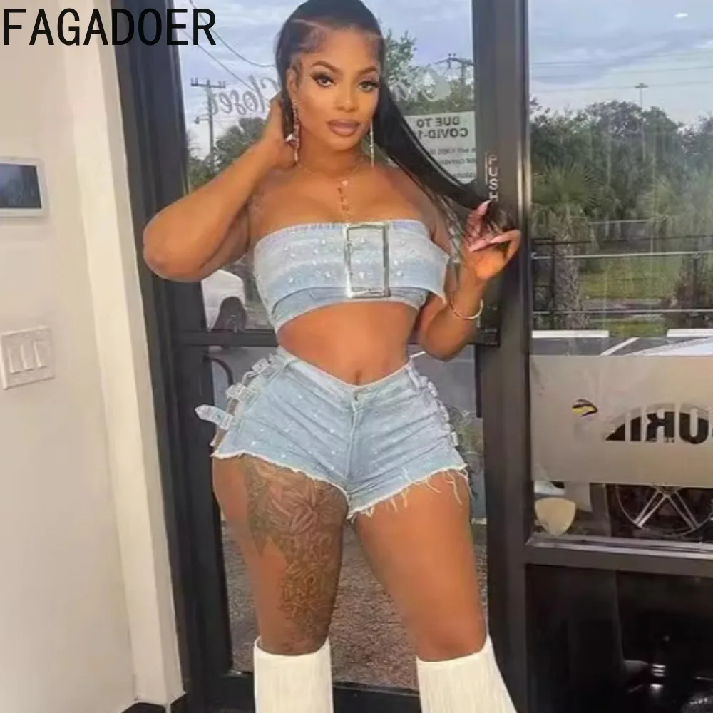 FAGADOER Sexy Y2K Denim Rhinestone Shorts Two Piece Sets Women Sleeveless Backless Tube And Shorts Streetwear Fashion Outfits heavy industry rhinestone beaded fashion denim jacket vest for women 2023 autumn new loose lapels rivet sleeveless denim vest