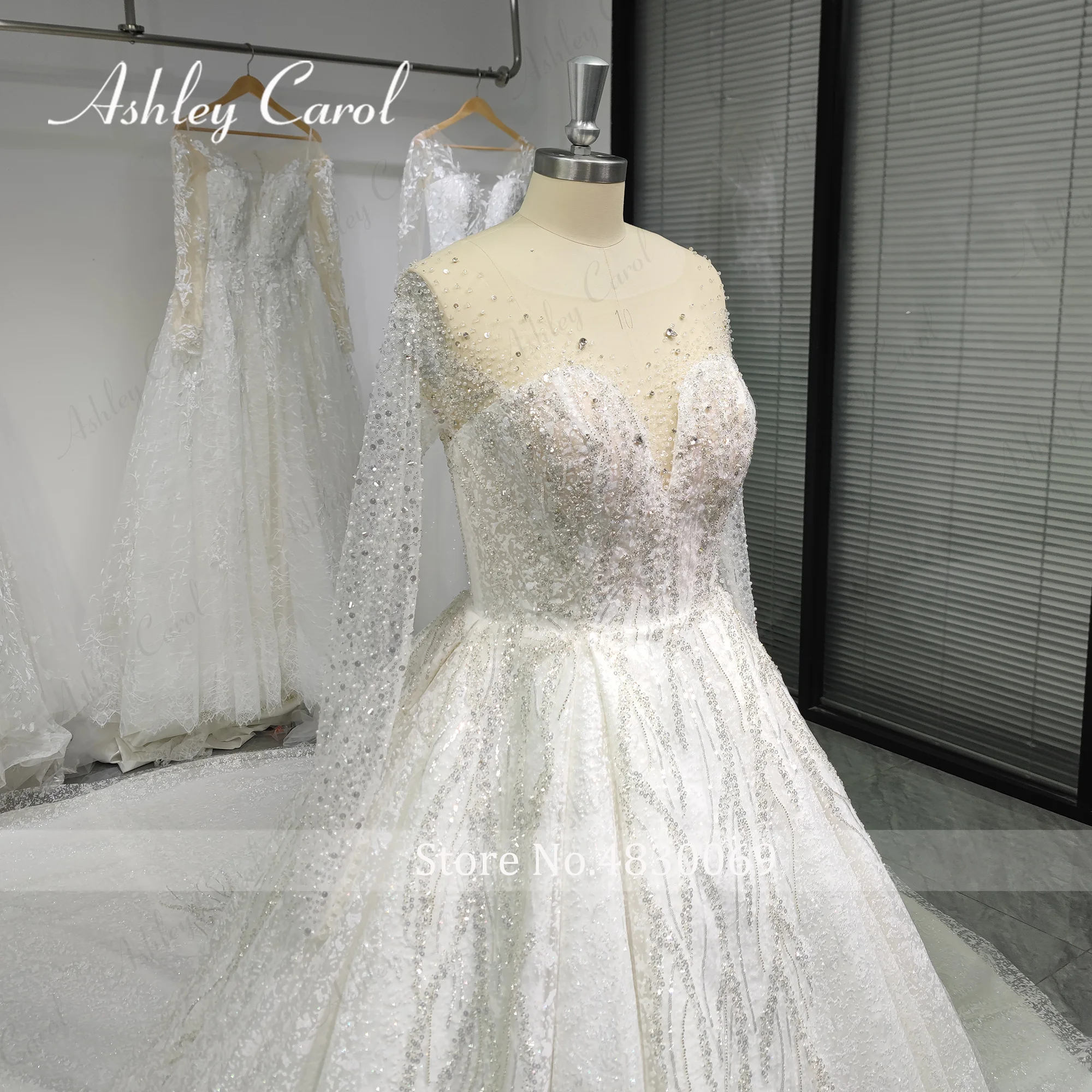 Ashley Carol Long Sleeve Wedding Dress Real photos 2023 Shining Beading Lace Up Invisible Neckline Wedding Gown Vestido De Novia 4