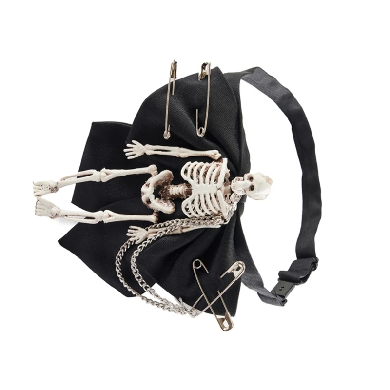 

Gothic Skeleton Bowtie with Metal Pin and Chain Punk Halloween Bowknot Necktie drop shipping