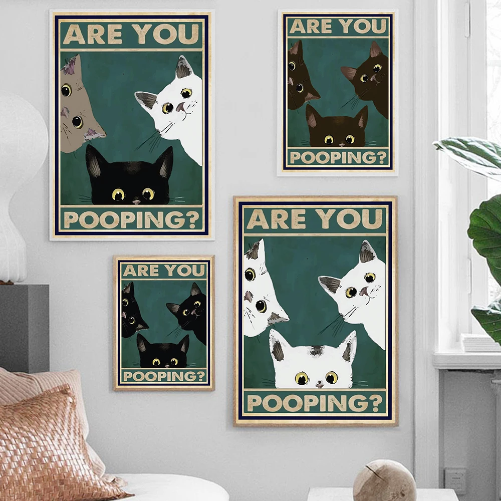 Are You Pooping Bathroom Wall Poster Funny Quote Canvas Print Cute Black White Cat Art Retro Painting Toilet Room Home Decor