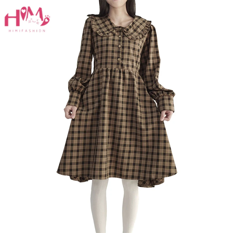 

Women Vintage Plaid Dress Kawaii Long Sleeve Button Down Doll Peter Pan Collar A Line Slim Fit Casual Party Shirt Dress Brown
