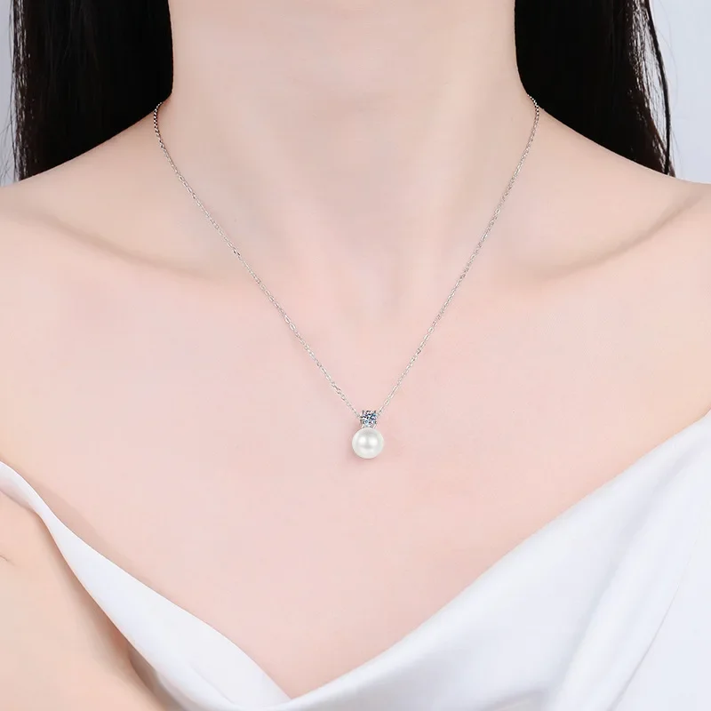 925 Sterling Silver 0.5 Carat Moissanite Pearl Necklace Clavicle Chain For Ladies pendant necklace silver necklace moissanite necklace