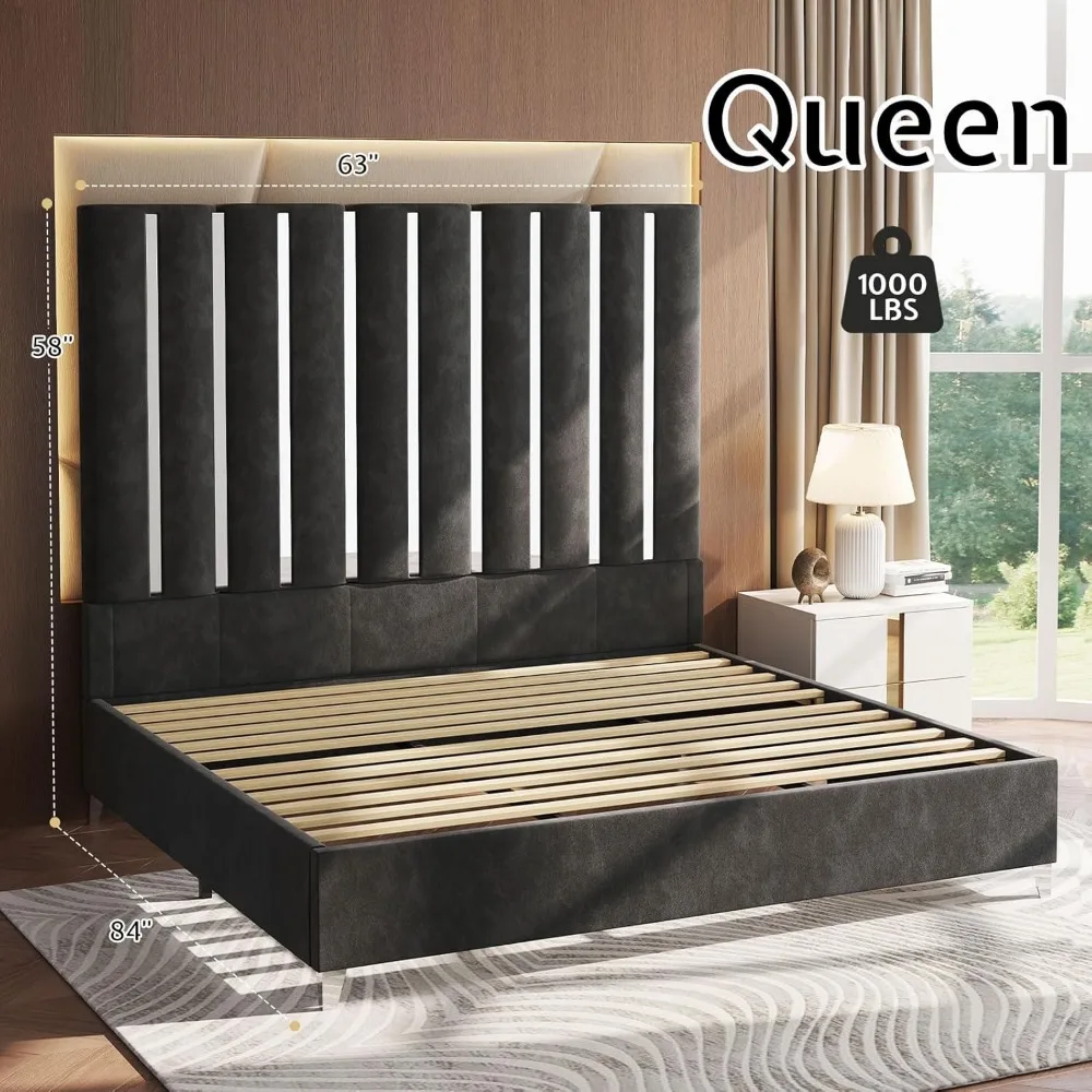 Queen Size Bed Frame with Headboard,Velvet Upholstered Bed Frame with Silver Plating Trim,Sturdy Platform Beds No Box Spring 6