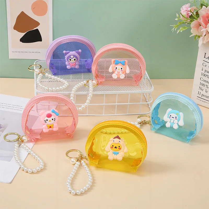 

Kawaii Sanrio Coin Purse Melody Kuromi Cinnamoroll Transparent Wallet Backpack Pendant Earphone Data Cable Storage Bag Wholesale