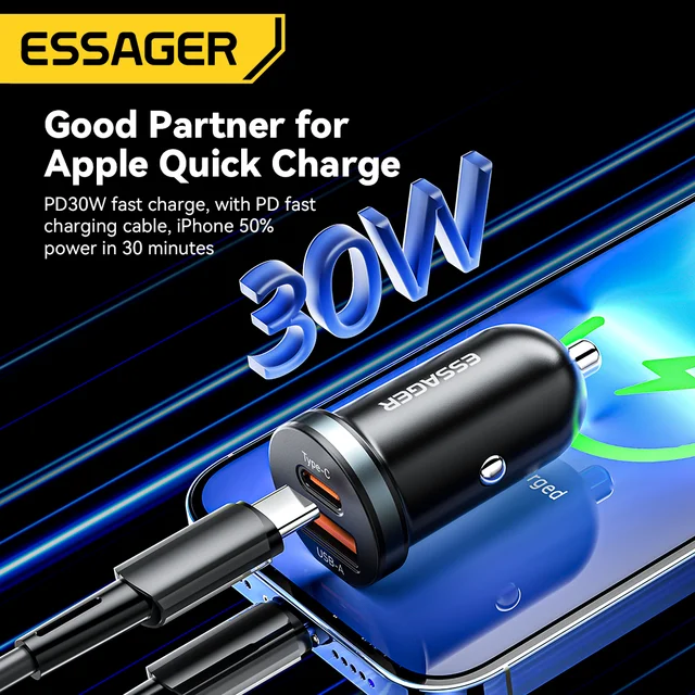 Essager 30W USB C Car Charger Type C Quick Charger PD QC 3.0 SCP 5A Fast Charging Car Phone Charge For iPhone Xiaomi Samsung 2
