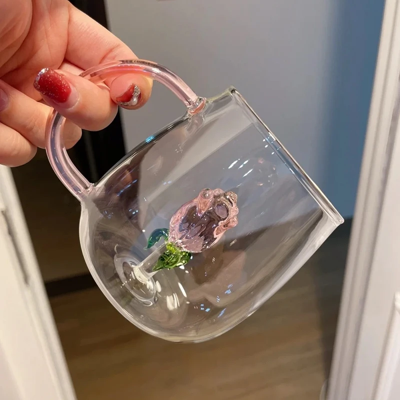 3D Rose Glass Cup with Handle Household Breakfast Cup for Juice Coffee Clear  Mug cute Tea Milk Cup copas de cristal de colores - AliExpress