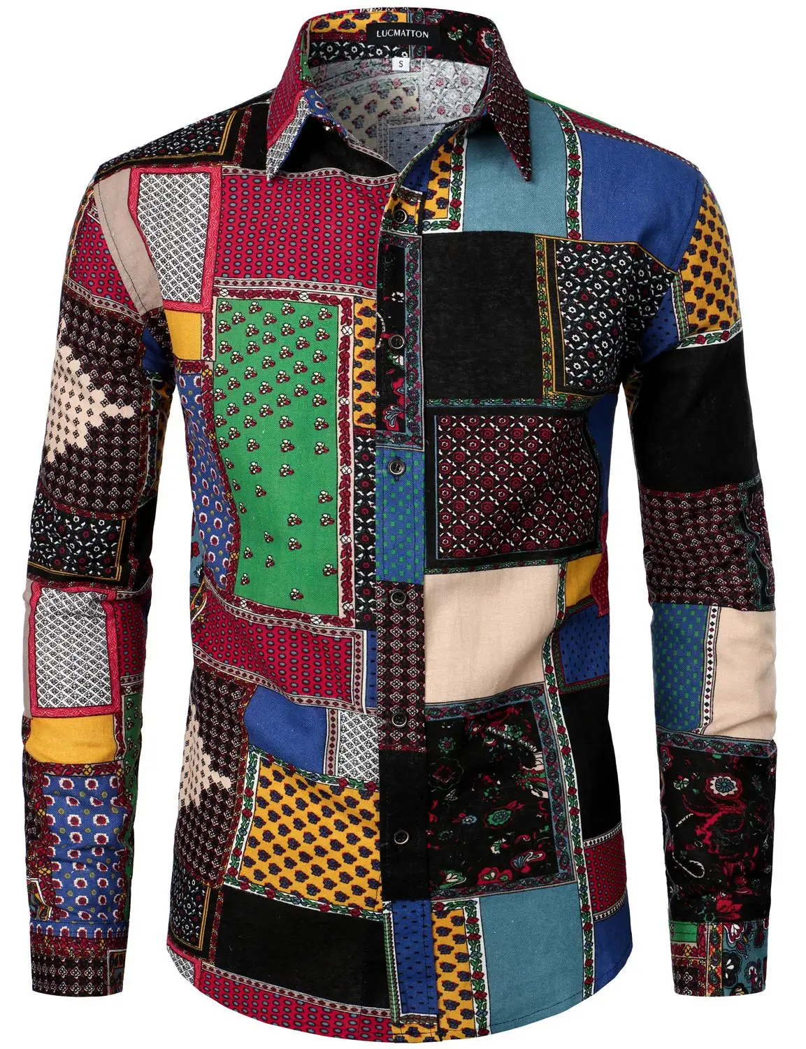 Men's long-sleeved shirt casual fashion 3d stitching printed shirt men's lapel shirt long-sleeved design sense New Year gift