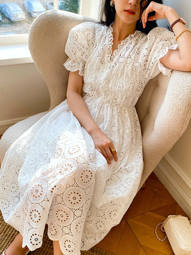 

GypsyLady Elegant French Chic Dresses Hollow Out Floral Embroidery V-neck Women Puff Sleeve Vocation Beach Sexy Ladies Dress