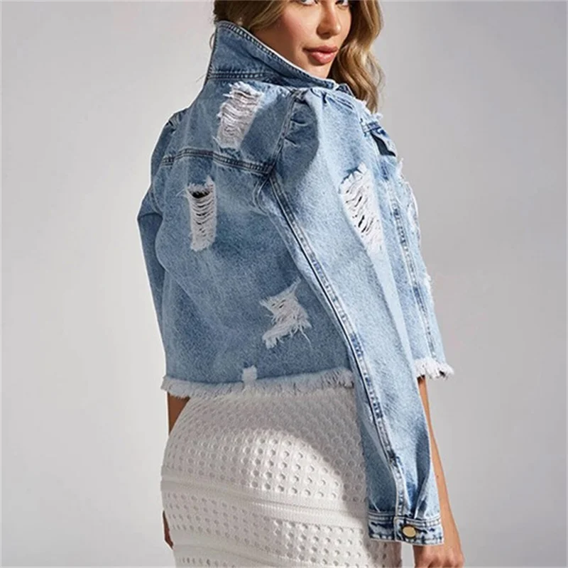 Fashion Broken Holes Short Denim Jacket Female Casual Outerwear Women's Lapel Long Sleeve Button Splicing Coat Trend Streetwear