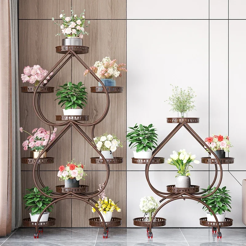 European Type Simple Multi-layer Iron Art With Wheel Landing Type Plant Frame Living Room Balcony Heart Shaped Flower Frame