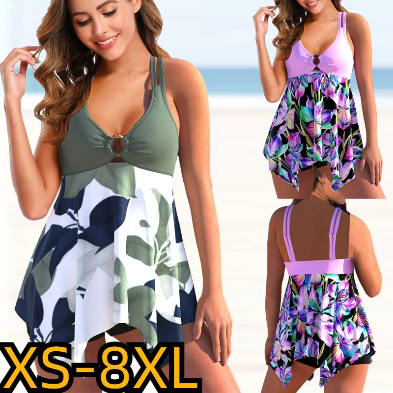 

2023 Summer Flower Printing Swimsuit Tankini Two Piece Swimwear Women Vintage Bodysuit Swim Beachwear Dew Shoulder Bathing Suit