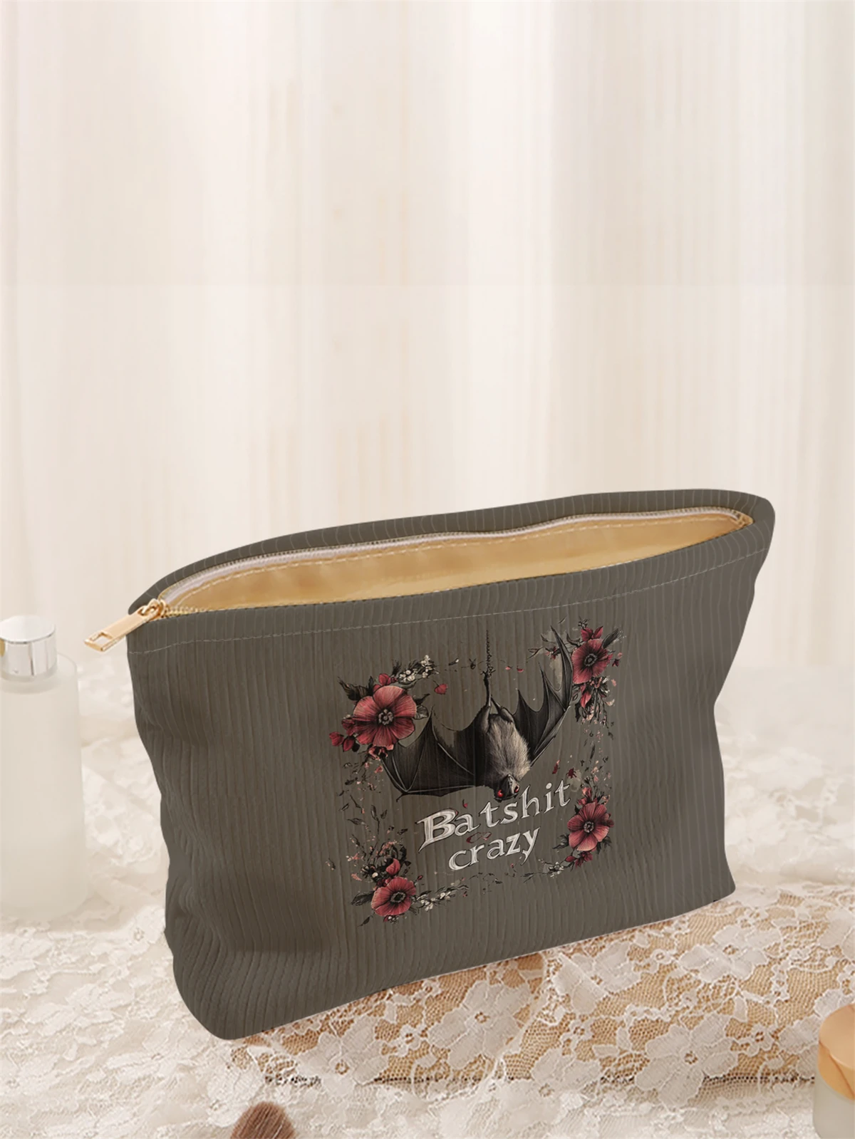 1 bat patterned corduroy makeup bag, lightweight zipper makeup storage box, multifunctional bag with lining